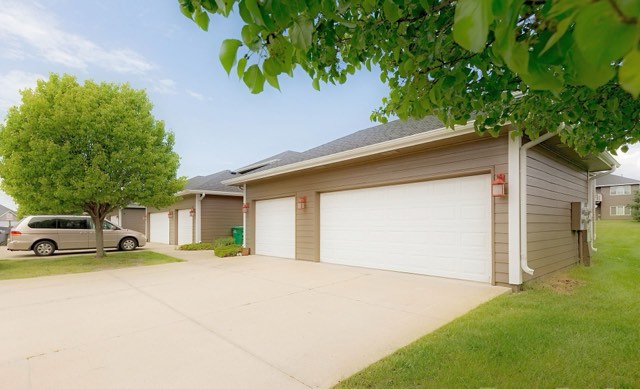 Garage and driveway under mature trees